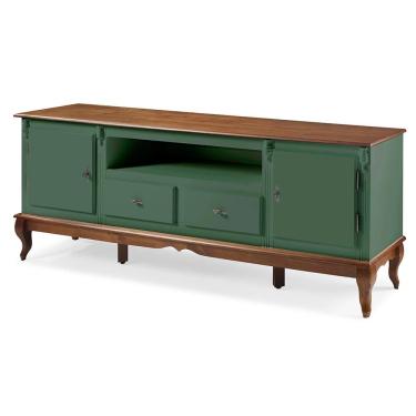 Imagem de Rack para Sala com Pés Luis XV 2 Gavetas 2 Portas de Madeira e Nicho 60503M Linz Móveis - Verde Musgo/Imbuia Glazer