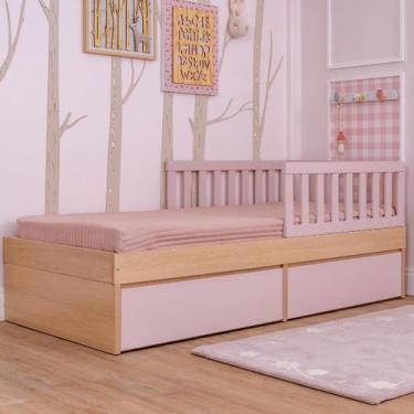 Imagem de Cama com Gavetas e Proteção Lateral Quater Rosa com Carvalho Malva Lin
