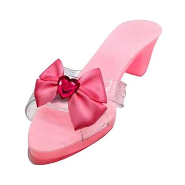 Imagem de menolana Sapatos de princesa para brincar de faz de conta, salto alto, brinquedo brilhante, sandálias versáteis de gelatina para meninas, 1 par para fantasia, Rosa com Laço