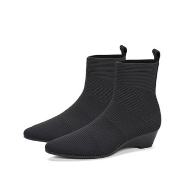 Imagem de HONHOLD Botas femininas com salto gatinho bico fino de malha stiletto salto baixo meia bota de outono, Cunha preta, 38