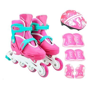 Imagem de Patins Infantil 4 Rodas Inline Ajustável Rosa + Proteção (S - 29 a 32)