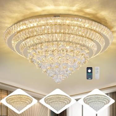 Imagem de Miuyhji Luminária de teto de cristal de LED grande, ouro rosa, lustre elegante de 76 cm com controle remoto para sala de estar, cozinha, quarto, corredor, entrada (regulável)
