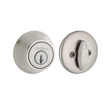 Imagem de Kwikset Fechadura de fechadura 660, porta de entrada frontal com chave externa redonda de níquel acetinado, parafuso morto de cilindro único