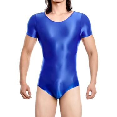 Imagem de SEAUR Body masculino brilhante justo unitard roupa íntima de manga curta collant brilhante lingerie elástica macacão, Azul, GG