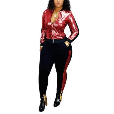 Imagem de Roupa de treino feminina SIAEAMRG, 2 peças, glitter, lantejoulas, verm