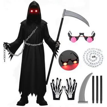 Imagem de Xtinmee Grim Reaper Costume Scary Halloween Costume for Boys Kids with Glowing Eyes Scythe Gloves Chain for Halloween Cosplay(XL for 12-14 Yr)