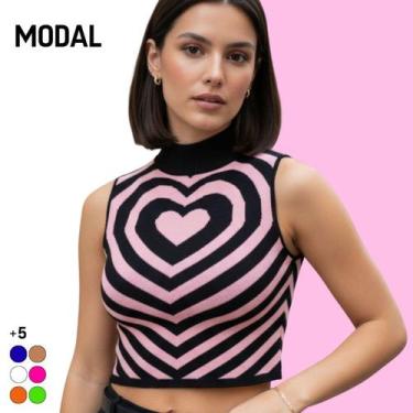 Imagem de Blusa Cropped Regata Sem Manga Feminina Modal Estampa de Coração - Vit