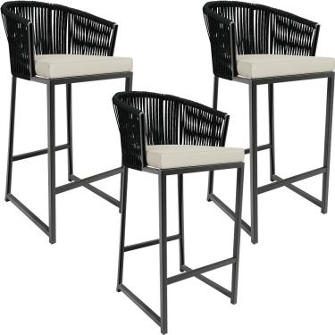 Imagem de Kit 03 Banqueta Para Área Gourmet Cozinha Varanda Corda Náutica Sunset D04 Preto - Lyam Decor