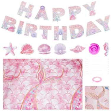 Imagem de NBEADS 1 conjunto de 108 peças de kits de suprimentos para festa de aniversário sob o mar, faixa de papel de sereia rosa feliz aniversário com toalha de mesa, guardanapos, decorações de utensílios de
