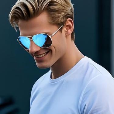 Imagem de Óculos de sol masculinos metálicos polarizados estilo militar quadrado pesca golfe condução SY6036, Armação prateada | Lente espelhada azul, Normal