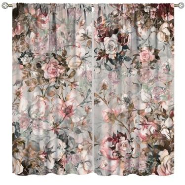 Imagem de Cortinas florais, rosa e marrom, estampa de plantas naturais, cortinas para quarto, sala de estar, cozinha, janela, tratamento de 2 painéis, conjunto de 2 painéis, tamanho total 107 cm L x 114 cm C