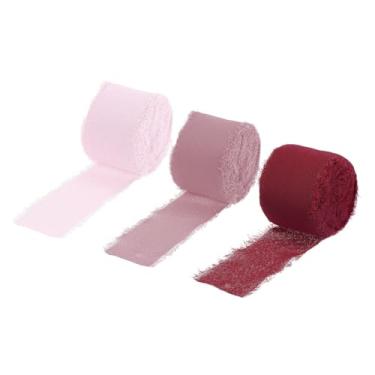 Imagem de Fita de chiffon de 3 rolos, fita de tecido de seda de 3,8 cm, fita de tecido de fita floral feita à mão para embrulho de presente, buquê de flores, rosa profundo/rosa vermelho/creme