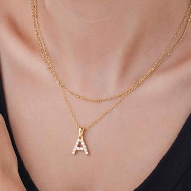 Imagem de Colar em camadas de aço inoxidável com inicial para corrente dupla unissex, pingente personalizado, joia delicada para roupas diárias, F, Aço inoxidável, Sem Pedra Preciosa