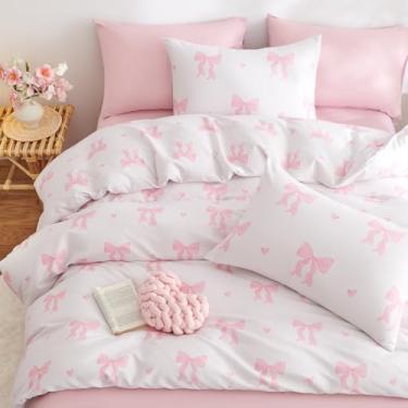 Imagem de CCoutueChen Jogo de cama King com laço rosa, 3 peças, floral rosa, para meninas e crianças, roupa de cama com laço estilo princesa fofa, roupa de cama ultra macia com flores de jardim com 2 fronhas