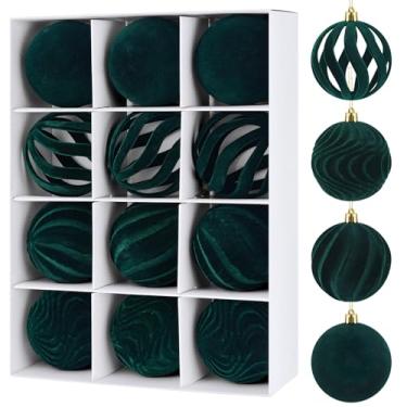 Imagem de 12 peças de bolas de veludo para árvore de Natal de 8 cm, enfeites de plástico flocados à prova de estilhaçamento, feitos à mão, decoração de pelúcia, conjuntos de bolas de pelúcia para o Natal (verde