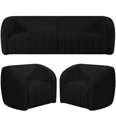 Imagem de Kit Sofá 5 Lugares Para Sala 332cm Com 02 Poltronas Lazio M03 Bouclê Preto - Lyam Decor