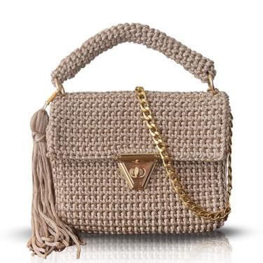 Imagem de Bolsa de ombro feminina de crochê bege feita à mão | corrente dourada e alça superior | Bolsa de malha boho | Bolsa tiracolo elegante para noite e casual