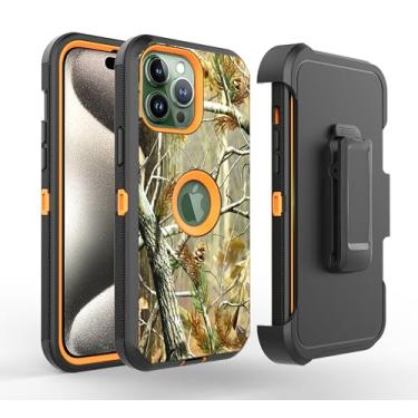 Imagem de Fastsun Capa Defender com design camuflado 16 Pro, capa protetora híbrida à prova de choque, design de camada dupla, capa dura compatível com iPhone 16 Pro (clipe + laranja camuflada)