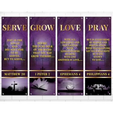Imagem de 4 faixas de igreja para parede de santuário, banners religiosos, para servir crescer, amar, rezar, pendurar pano de fundo roxo para pendurar na igreja, placas escrituras, versículo bíblico, banner