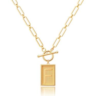 Imagem de Robaice Colar feminino banhado a ouro 14K, pingente de alfabeto personalizado com gravação inspiradora, corrente de clipe de papel, joia que não mancha, presente para ela, 18'' + 2'' extender, Metal