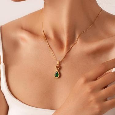 Imagem de Colar feminino banhado a ouro 14K – Colar delicado com pingente de pedra preciosa verde com símbolo do infinito, joia hipoalergênica com pingente não mancha, joias modernas personalizadas de Natal e