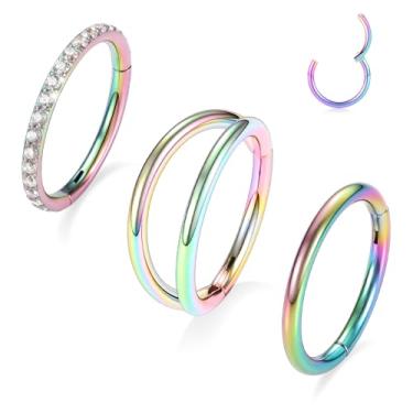 Imagem de 3 anéis de nariz, argolas de nariz duplo, brincos de cartilagem de aço cirúrgico 316L, 20G/18G/16G, anéis de septo, piercing de concha, hélice, torre, lábio, daith, tragus, pierxing, joias 5 mm/8 mm