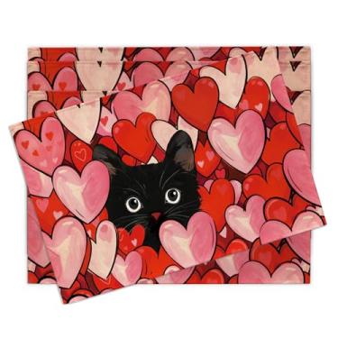 Imagem de Croar Jogo americano de gato preto para Dia dos Namorados, conjunto de 4 tapetes de jantar com coração de amor, vermelho, rosa, decoração de mesa, dono de animais de estimação, presente para amantes