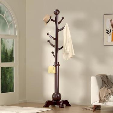 Imagem de Hall Tree, suporte independente para árvores de madeira com 7 ganchos, cabide com base de esfera estável, suporte de madeira para casacos, carga de 95 kg, suporte de cabide para entrada, corredor