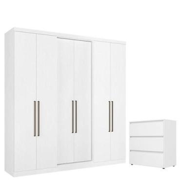 Imagem de Guarda Roupa Casal Presence 6 Portas Branco Acetinado e Cômoda Gavetei