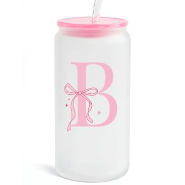 Imagem de SANDJEST Copo de vidro monograma com tampa acrílica e canudo, copo de café gelado fosco personalizado 473 ml, monograma presentes iniciais para mulheres meninas no aniversário (B)