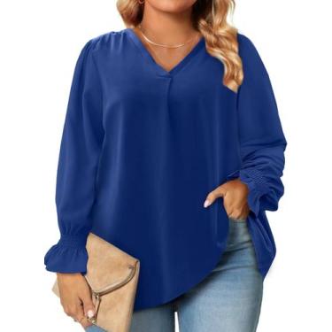 Imagem de Blusa feminina Eytino plus size com decote em V, manga comprida, azul