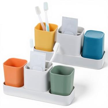 Imagem de IANFAN 2 conjuntos de porta-escovas de dentes para banheiro, organizador de banheiro, conjunto de armazenamento com 2 xícaras, suporte de pasta de dentes elétrica e armazenamento de acessórios de
