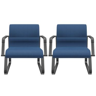 Imagem de Kit 02 Cadeiras De Escritório Recepção Fixa Pés Preto Lev P03 Crepe Azul - Lyam Decor