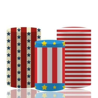 Imagem de Conjunto de capa de pedestal de cilindro patriótico – 3 tamanhos de decorações de festa com bandeira americana para 4 de julho, Dia da Memorial, Dia da Independência, aniversário ou evento