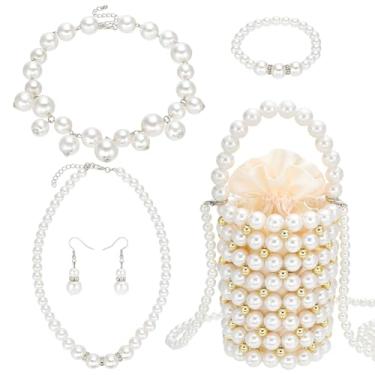 Imagem de PH PandaHall Conjunto de joias de pérolas para mulheres, conjunto completo de joias de fantasia de pérolas falsas com colar, brincos, pulseira e bolsa de noite para Natal, casamento, casamento