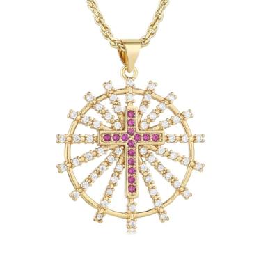 Imagem de HZMAN Colar de medalha circular com cruz rosa brilhante para mulheres, pingente de latão banhado a ouro 14K, presente cristão