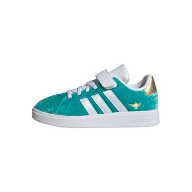 Imagem de adidas Tênis infantil unissex Disney Grand Court 2.0 elástico de renda e alça, Jasmim princesa/azul-petróleo/branco/dourado metálico, 15
