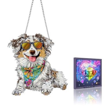 Imagem de VAIIEYO Enfeite de pendurar arte de diamante de cachorro 5D faça você mesmo, pintura de diamante animal, kit de pendurar janela com corrente, pingente de cristal de 19 x 19 cm, artesanato para