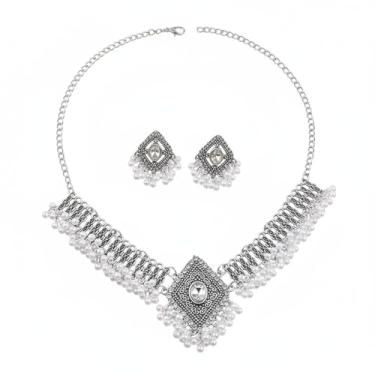 Imagem de Strass Geométrico Imitação Pérola Frisada Borla Pingente Brinco de Corrente Ajustável Fio Gargantilha Colar Conjunto de Joias Vintage Étnico Tradicional Indiano Declaração para Mulheres Noiva