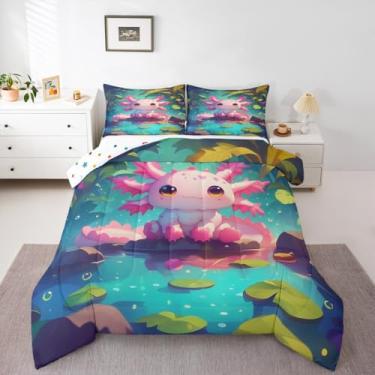 Imagem de Conjunto de edredom solteiro com estampa de animais selvagens fofos, folhas verdes e folhas verdes para crianças, meninas, meninos, réptil, peixe andando, anfíbio, para decoração de quarto kawaii