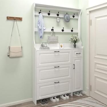 Imagem de Hall Tree Com Armazenamento De Sapatos Porta De Entrada Cabide Ganchos Móveis De Entrada Organizador De Casa Para Corredor, Entrada, Quarto, Sala De Estar, 90x24x203cm