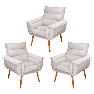 Imagem de Kit 03 Poltronas Decorativas Modernas Sala E Recepção Monza Pés Palito Veludo Bege - Abmaza