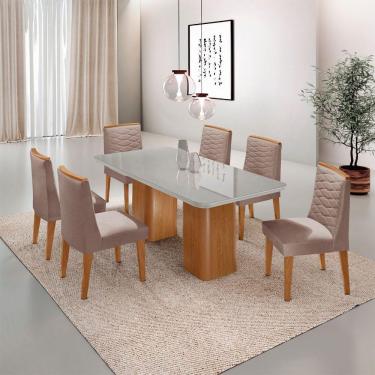 Imagem de Mesa De Jantar Eloise Tampo MDF Vidro Com 6 Cadeiras Moderna Linho Capuccino Off White Naturale
