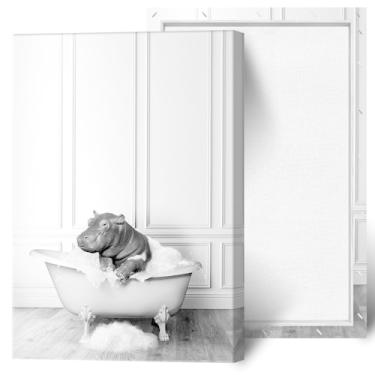 Imagem de Vintage Cute Hippo In Bathtub Posters Preto e Branco Tela de Banheiro Arte de Parede Animais Engraçados Abstrato Quarto Estético Impressão Pintura Para Casa Quarto Dormitório Decoração de Parede 30,5