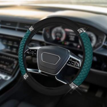 Imagem de HQRNYP Capa de volante de couro macio brilhante, protetor de volante, 38 cm colorido strass elástico, acessórios de carro de couro diamante antiderrapante para mulheres e meninas (verde escuro)