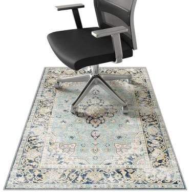 Imagem de Tapete para cadeira de escritório floral azul vintage de 91,4 x 122 cm, tapete de cadeira de mesa durável, lavável à máquina, tapete de cadeira de computador em casa, tapete antiderrapante sob a mesa
