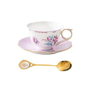 Imagem de PANAOAHU Conjunto de xícara de chá e pires, xícara de chá vintage de borboleta floral com acabamento dourado, xícara de chá de porcelana com pires e colher, conjunto de xícara de café de porcelana