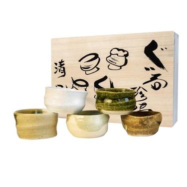 Imagem de TAKEMI Conjunto de copos de saquê japonês, 5 copos de cerâmica Guinomi Mino Ware com caixa de madeira, cerâmica tradicional para lanches de chá de saquê, feito à mão no Japão (conjunto de saquê Seifu