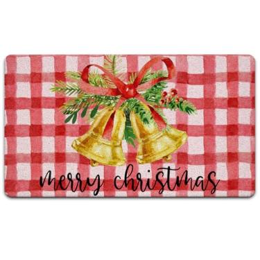 Imagem de Exqcom Tapete de porta de Natal xadrez vermelho vintage, capacho de Feliz Natal, ambientes internos, externos, entrada, sinos de Natal, tapete de boas-vindas para porta da frente, 43 x 76 cm