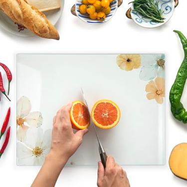 Imagem de Kitchenville Tábua de corte de vidro 41 x 30 cm: protetor de balcão de cozinha de vidro temperado - durável - resistente a arranhões, à prova de calor - Design 5 - design floral